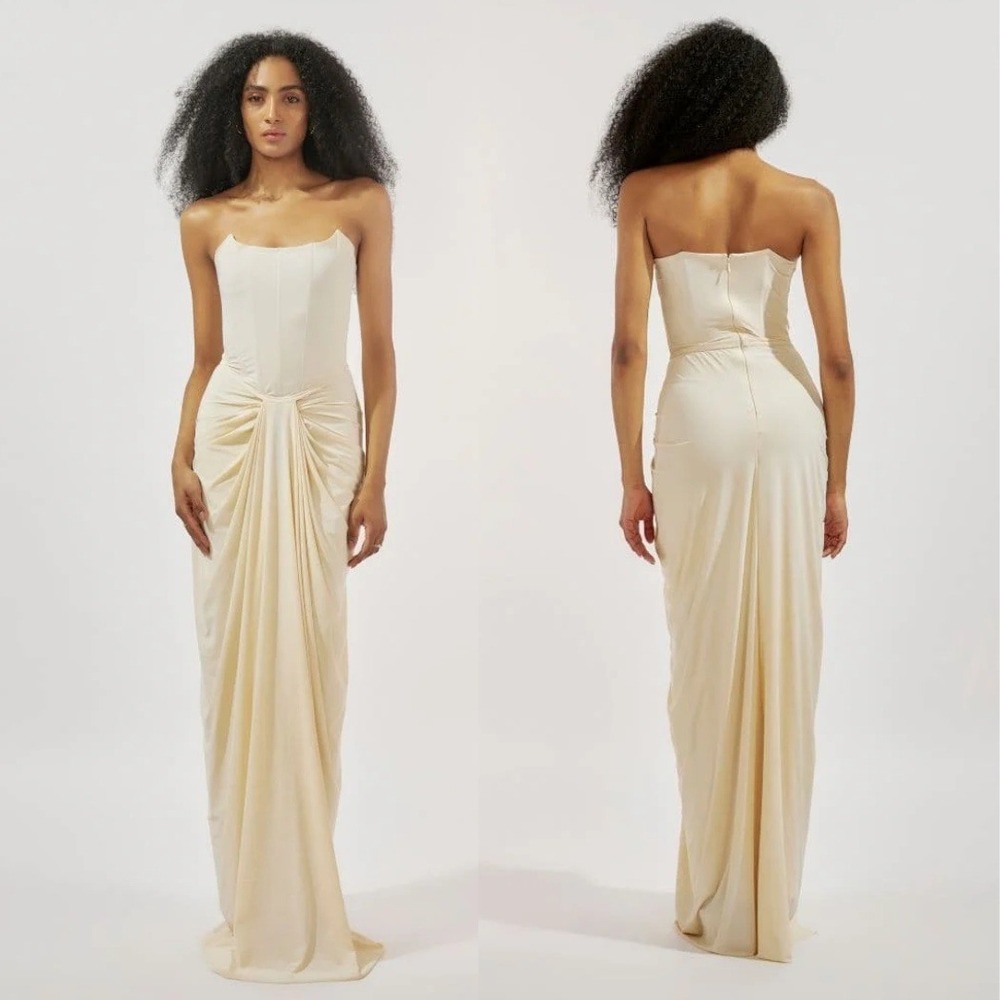 Deme by Gabriella Gown‎ Pearl Corset Draped Strapless Maxi Dress Size Small